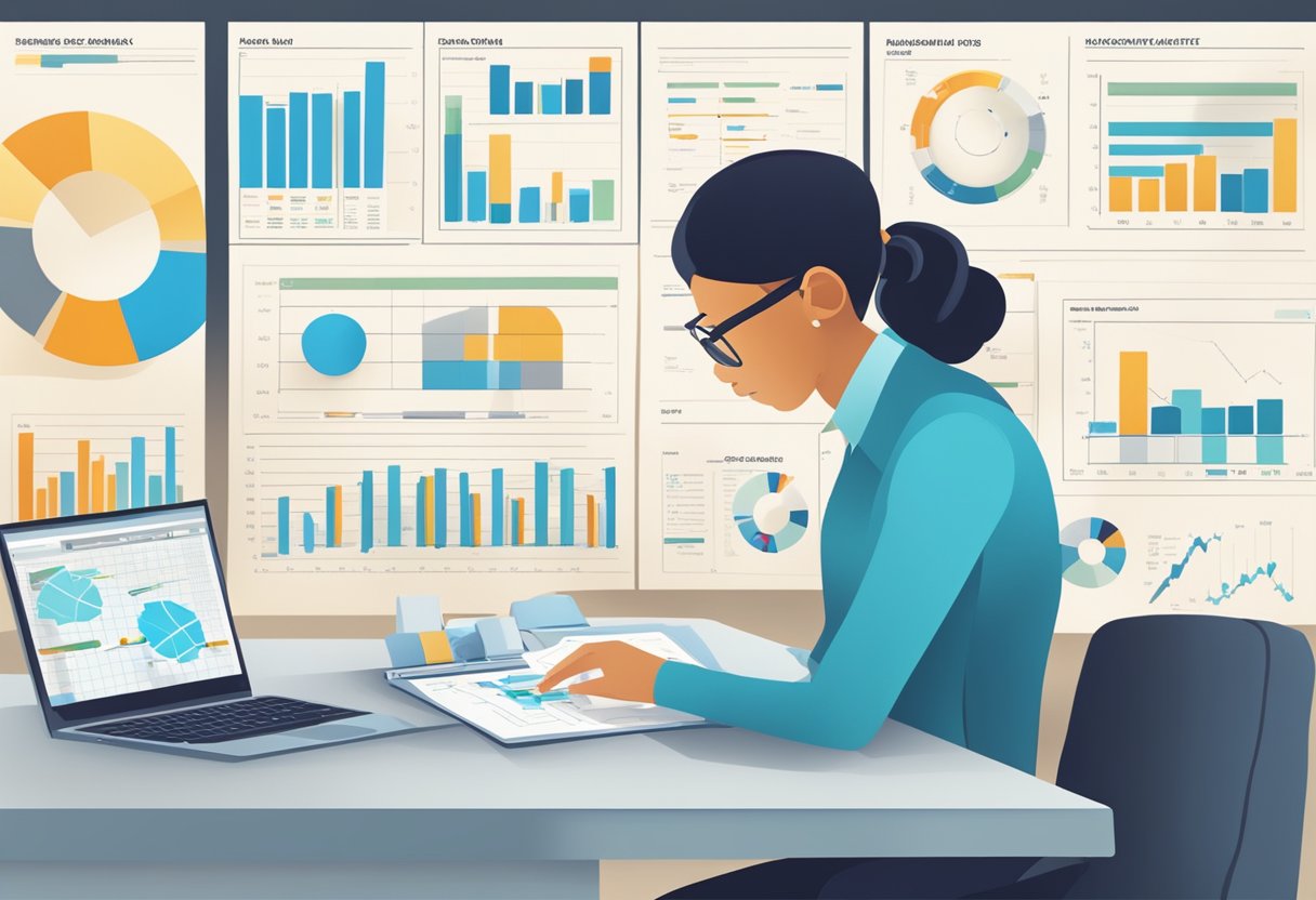 A person updating a fiscal management table in SAP, surrounded by periodic activity charts and graphs