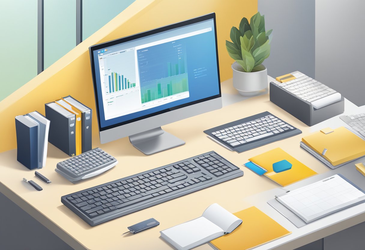 A computer screen displaying the partner function table in SAP, surrounded by office supplies and a keyboard