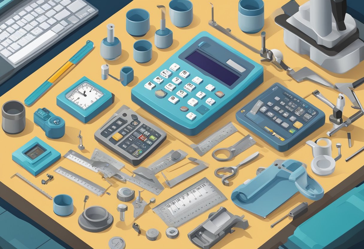 A table with ISO codes and units of measurement, surrounded by various measuring tools and equipment