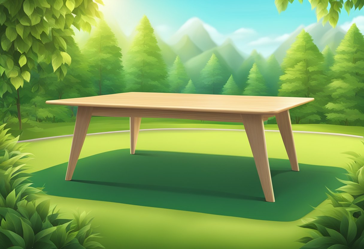 A sleek, modern table made of light wood, with a glossy surface, set against a background of vibrant green saplings