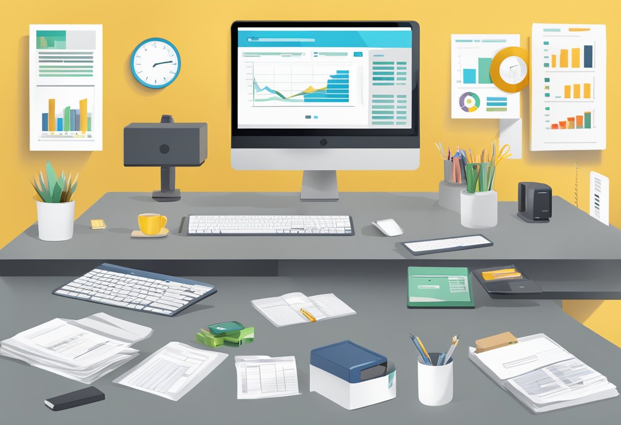 A desk with a computer displaying SAP Ekko table, surrounded by various purchasing documents and categories