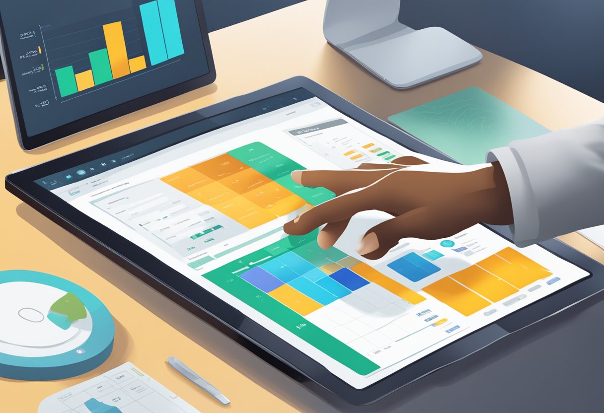 A hand reaching for a sleek ekko table displayed on a screen in a SAP interface, with financial data and purchase options visible