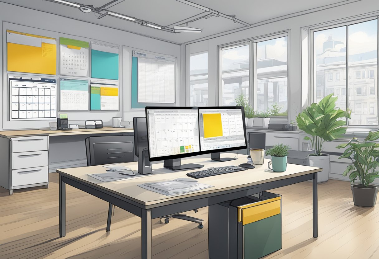 An office desk with a computer screen displaying the "ekko table in sap" purchasing process, surrounded by calendars and deadlines