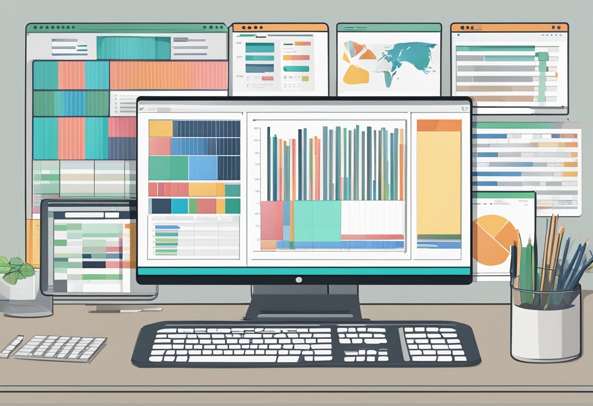 A computer screen displaying a table with columns and rows of data, surrounded by office supplies and a keyboard