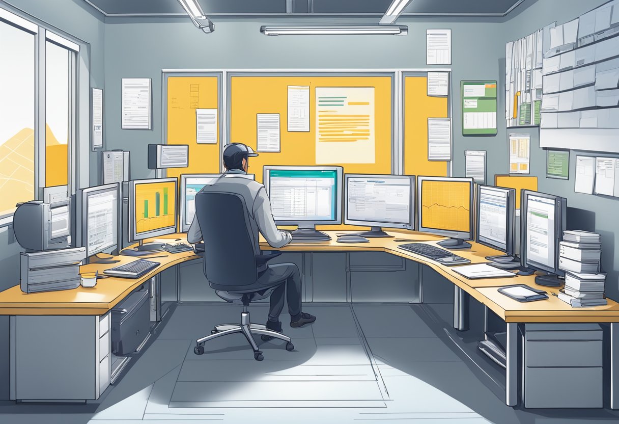 An ABAP developer analyzing billing document table in SAP, surrounded by computer screens and technical documents