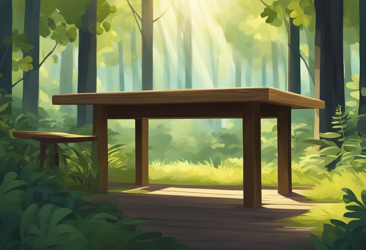 A wooden table in a forest clearing, surrounded by tall trees and dappled sunlight filtering through the leaves