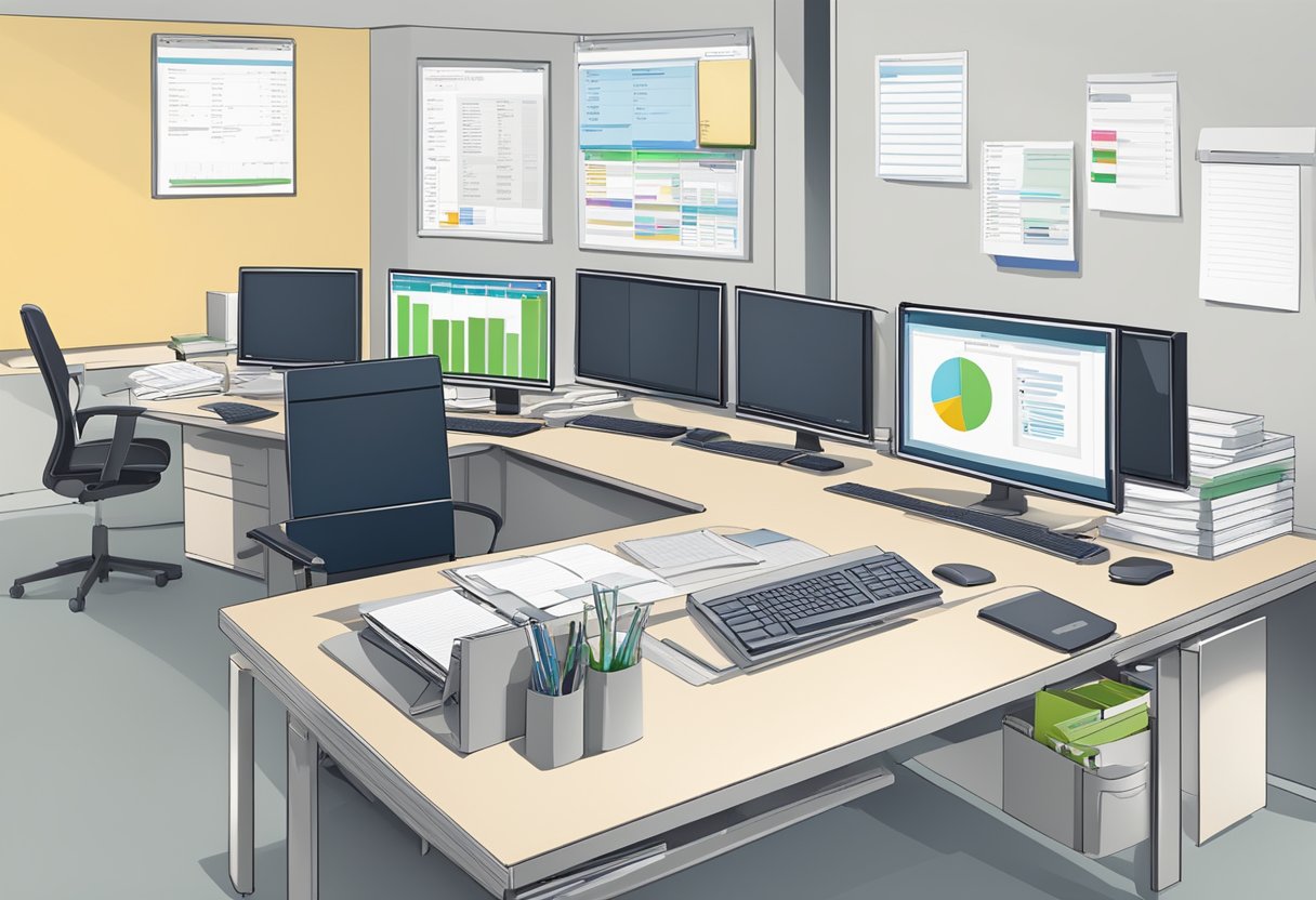 An organized desk with a computer displaying a procurement planning and control eban table in SAP. Files and office supplies are neatly arranged