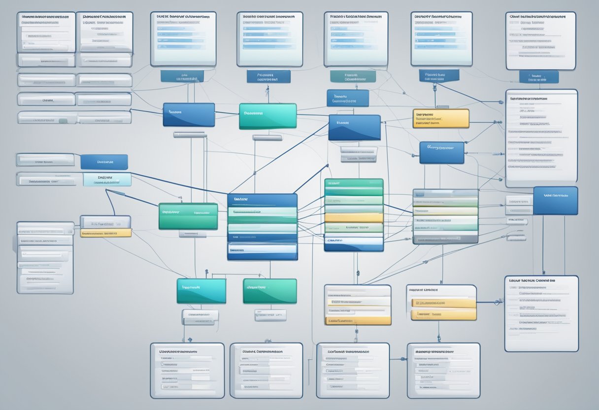 A computer screen displaying a detailed organizational chart within an SAP system, with various interconnected nodes and data fields