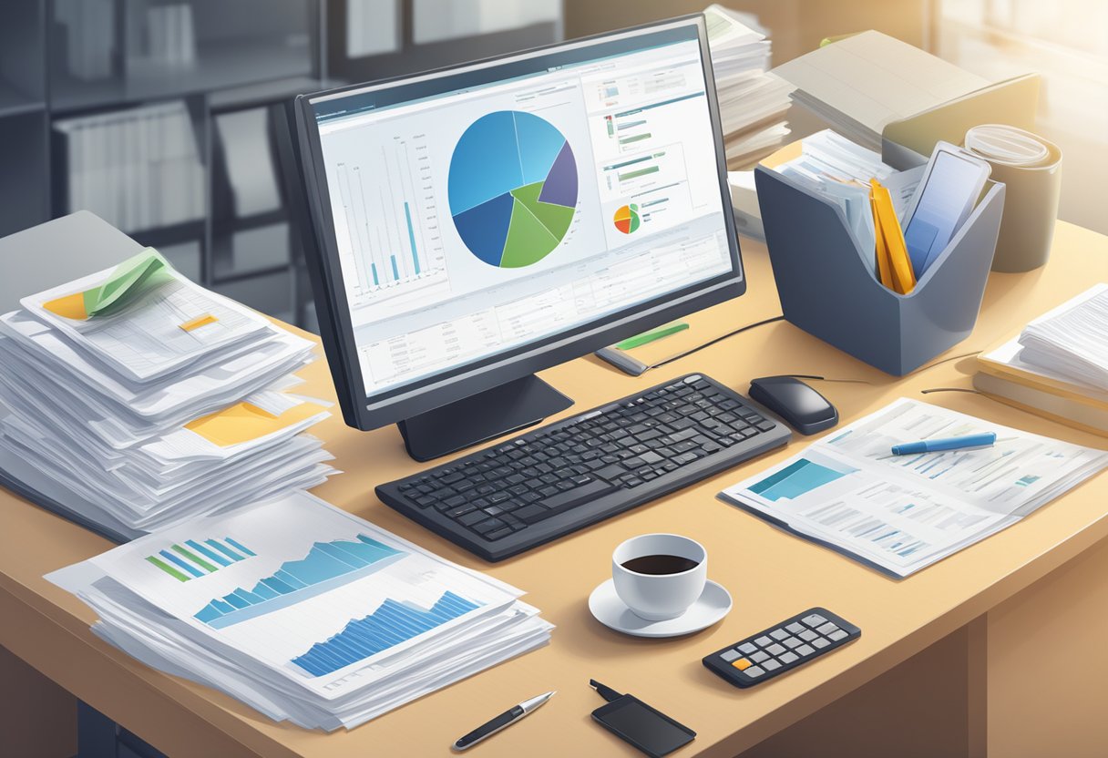 An office desk with a computer displaying the SAP procurement system, surrounded by financial documents and a calculator