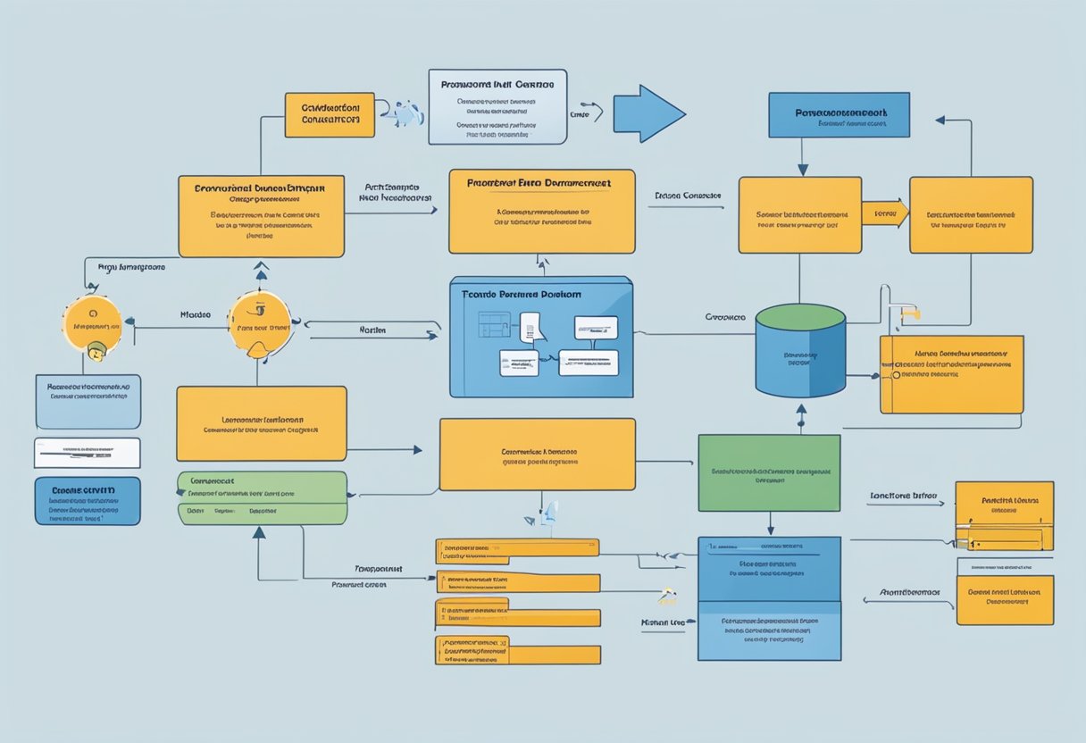 A flowchart showing the transaction and document flow in SAP, with arrows connecting various boxes representing different processes and data points