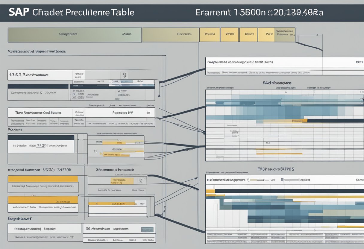 A computer screen displaying the SAP Procurement EBAN table with advanced features and data columns