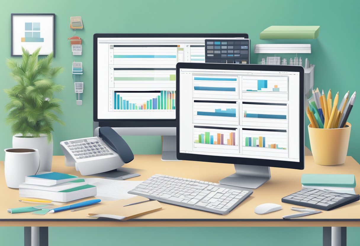 A computer screen displaying a table with various columns and rows, surrounded by office supplies and a keyboard