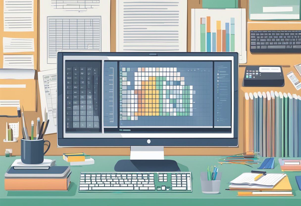 A computer screen displaying a table with columns and rows filled with data, surrounded by office supplies and a keyboard