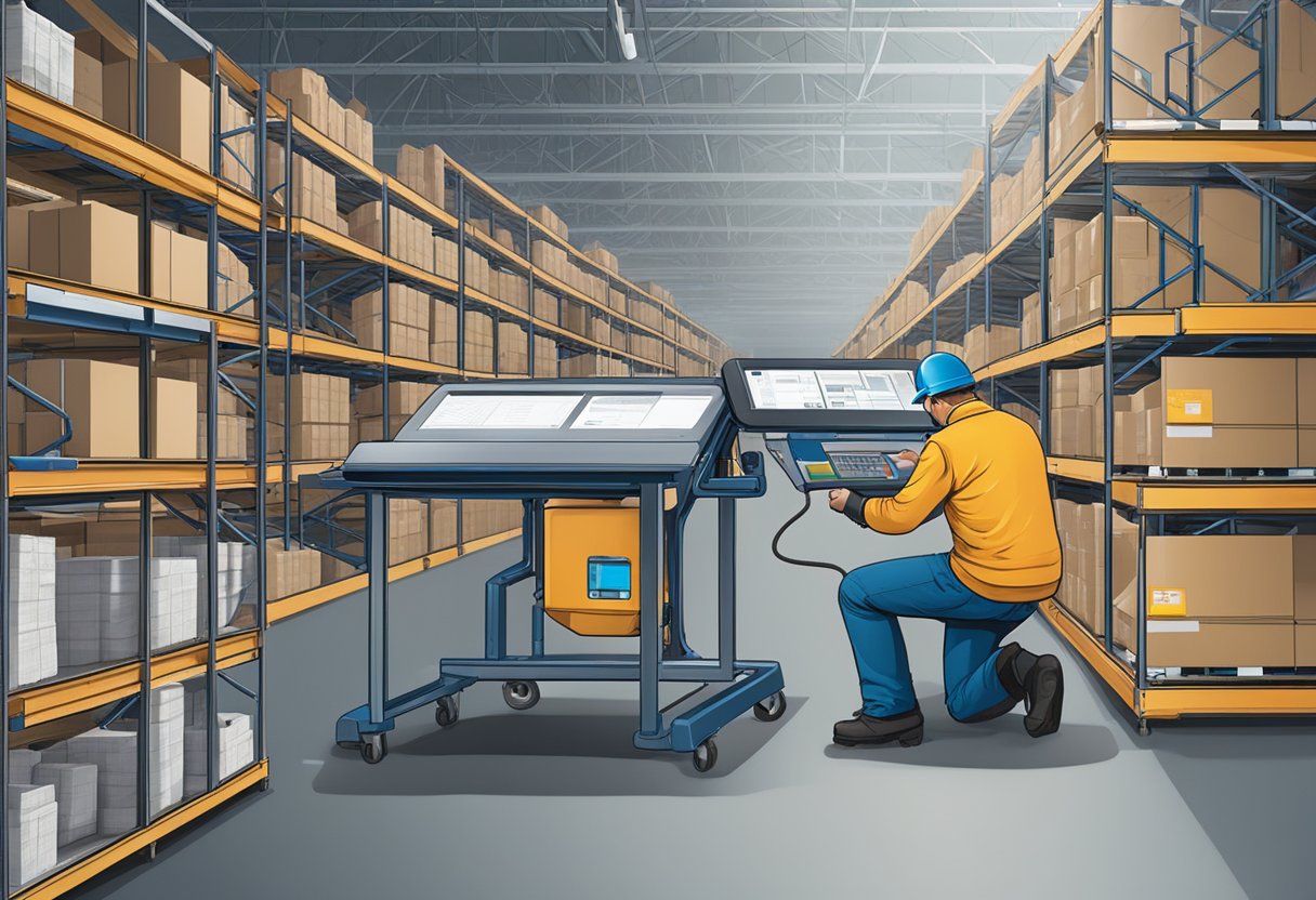 An operator scans and labels handling units at a table in a warehouse